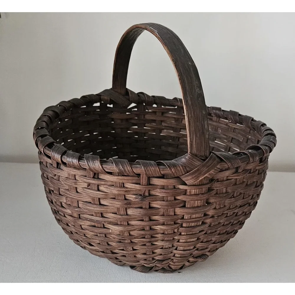 Antique Primitive Woven Split Oak Handle Gathering Basket  SMALL 9
